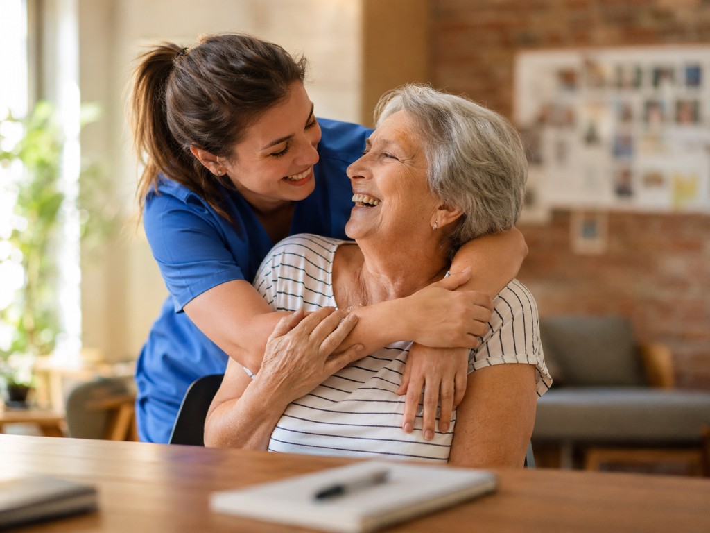 Caregiver and older adult sharing a warm moment of connection